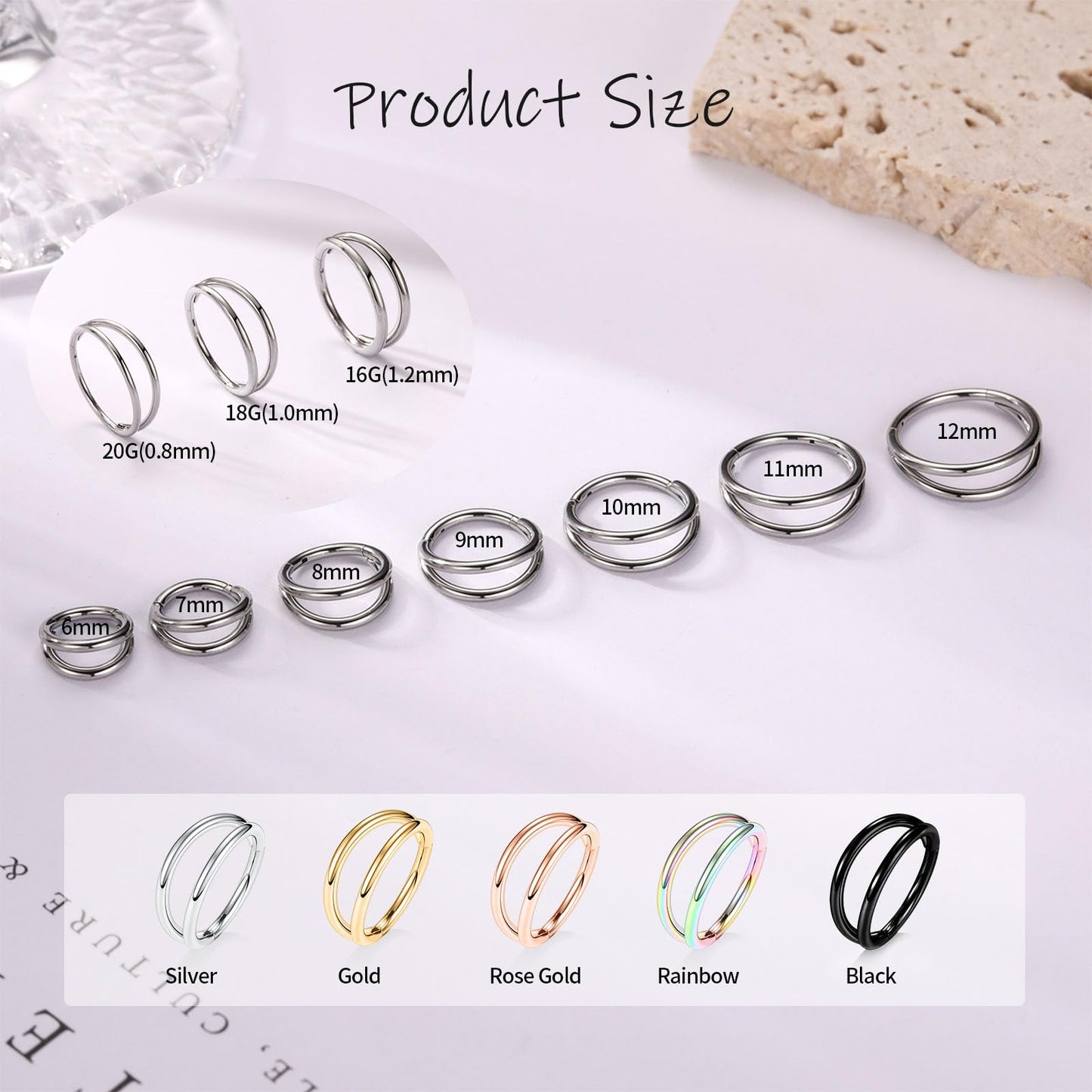 PEAKLINK 20G Conch Hoop Ring Rainbow Double Nose Hoop Ring Open Stacked Septum Rings 316L Surgical Steel Cartilage Earring 12mm