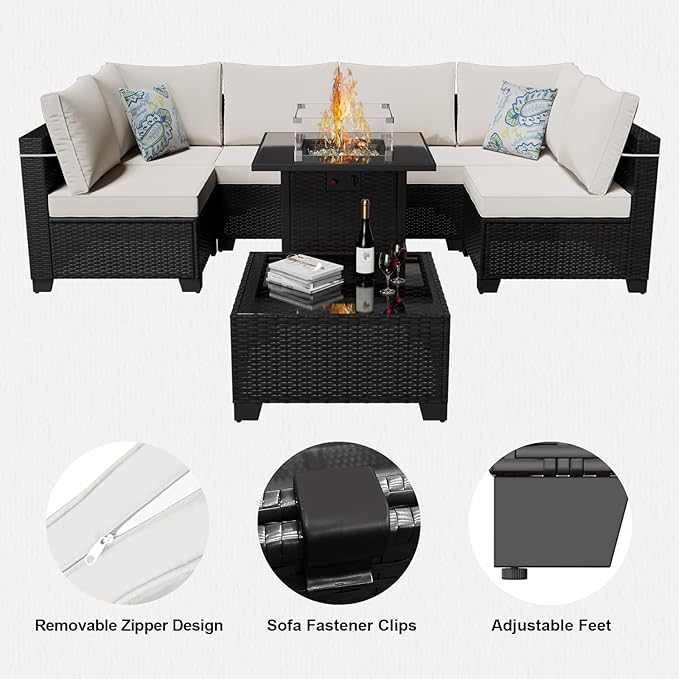 Ophelian 8 Piece Patio Furniture Set with Fire Pit Table, Wicker Outdoor Sectional Sofa Set, Conversation Sets with Thick Anti-Slip Cushions for Backyard, Garden, Deck, (Brown/Beige)