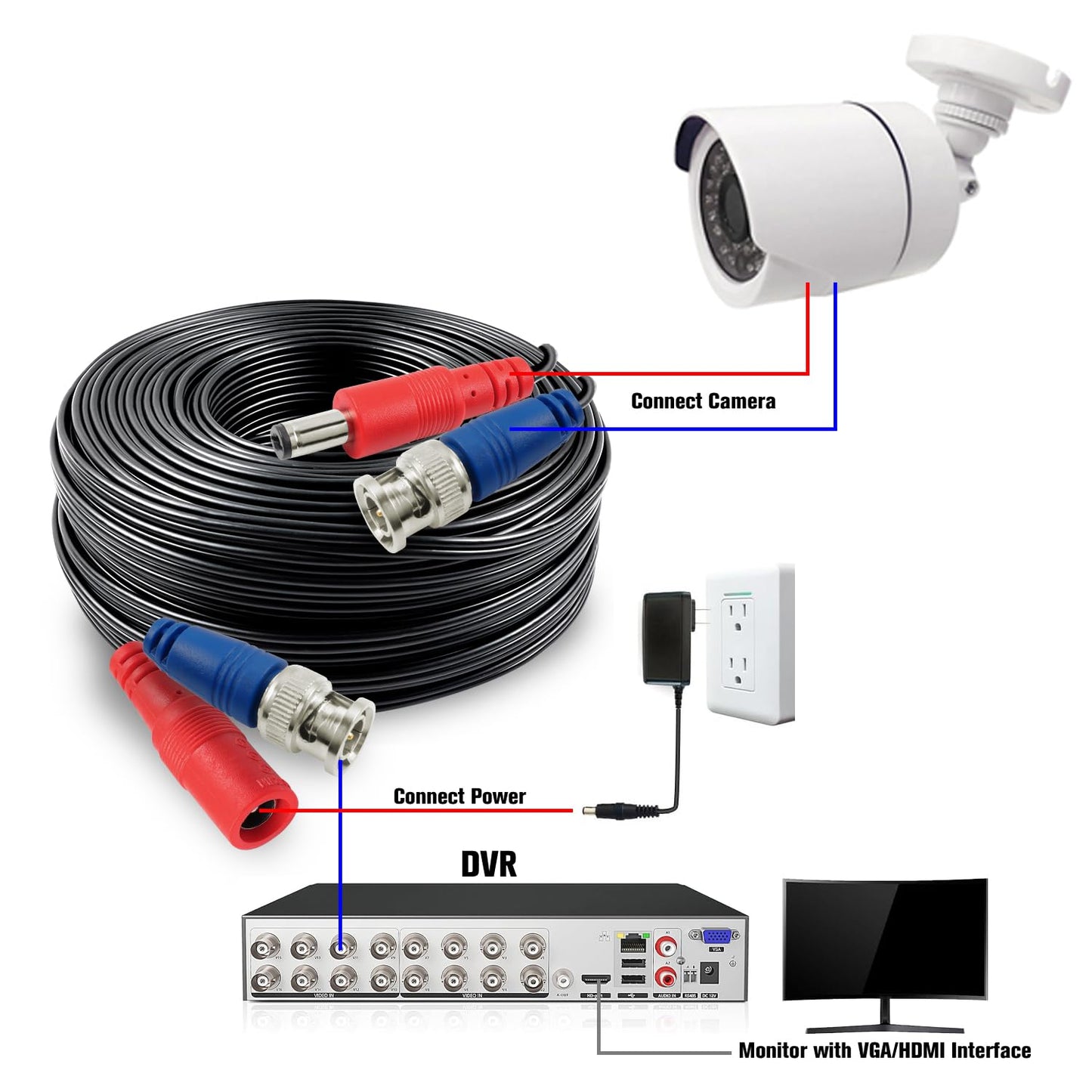 Shd 4Pack 33Feet Video Power Cable - Camera Bnc To Rca & Bnc Female Connectors For Cctv Security System
