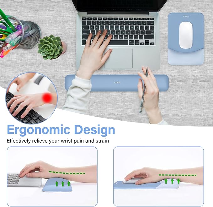 MOSISO Wrist Rest Support for Mouse Pad&Keyboard Set, Rectangular Ergonomic Mousepad Non-Slip Base Home/Office Pain Relief&Easy Typing Pad with Neoprene Cloth&Raised Silicone Lining, Stone Blue