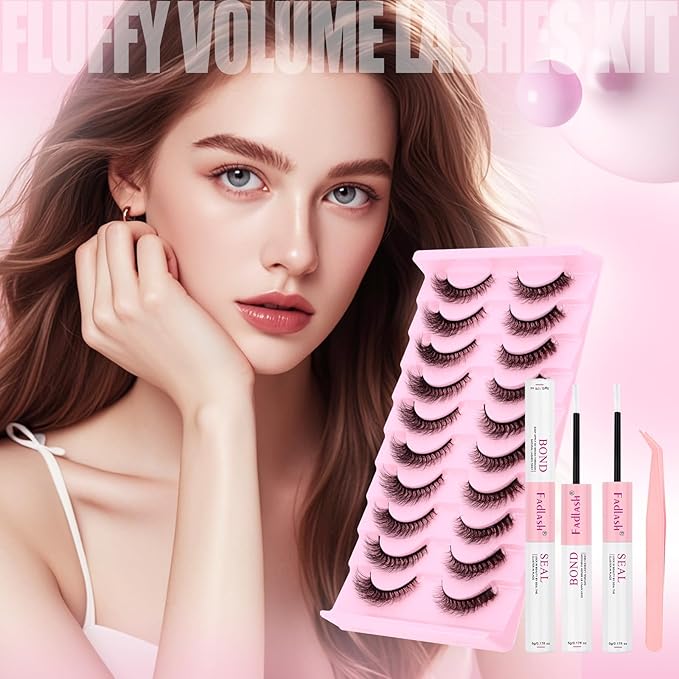 FADLASH False Eyelashes Kit 10 Pairs Cat Eye Lashes Mink Lashes Wispy with Lash Bond and Seal and Tweezer Fake Eyelashes Natural Look Handmade Eyelashes Fake Lashes Strips (XH03 Kit)