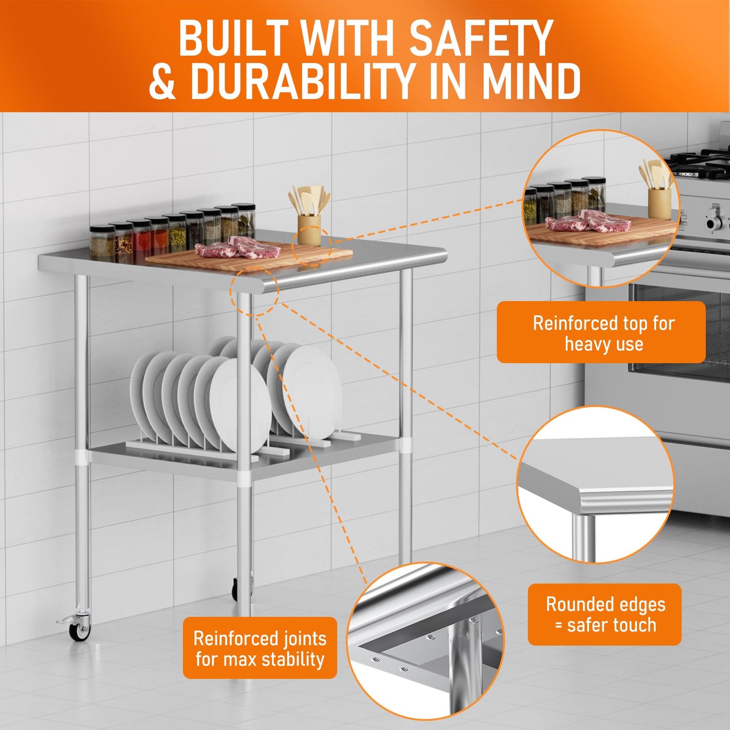 HOCCOT Stainless Steel Table with Wheels 24" x 30" Utility Worktable with Adjustable Undershelf for Commercial Kitchen, Garage, Restaurant
