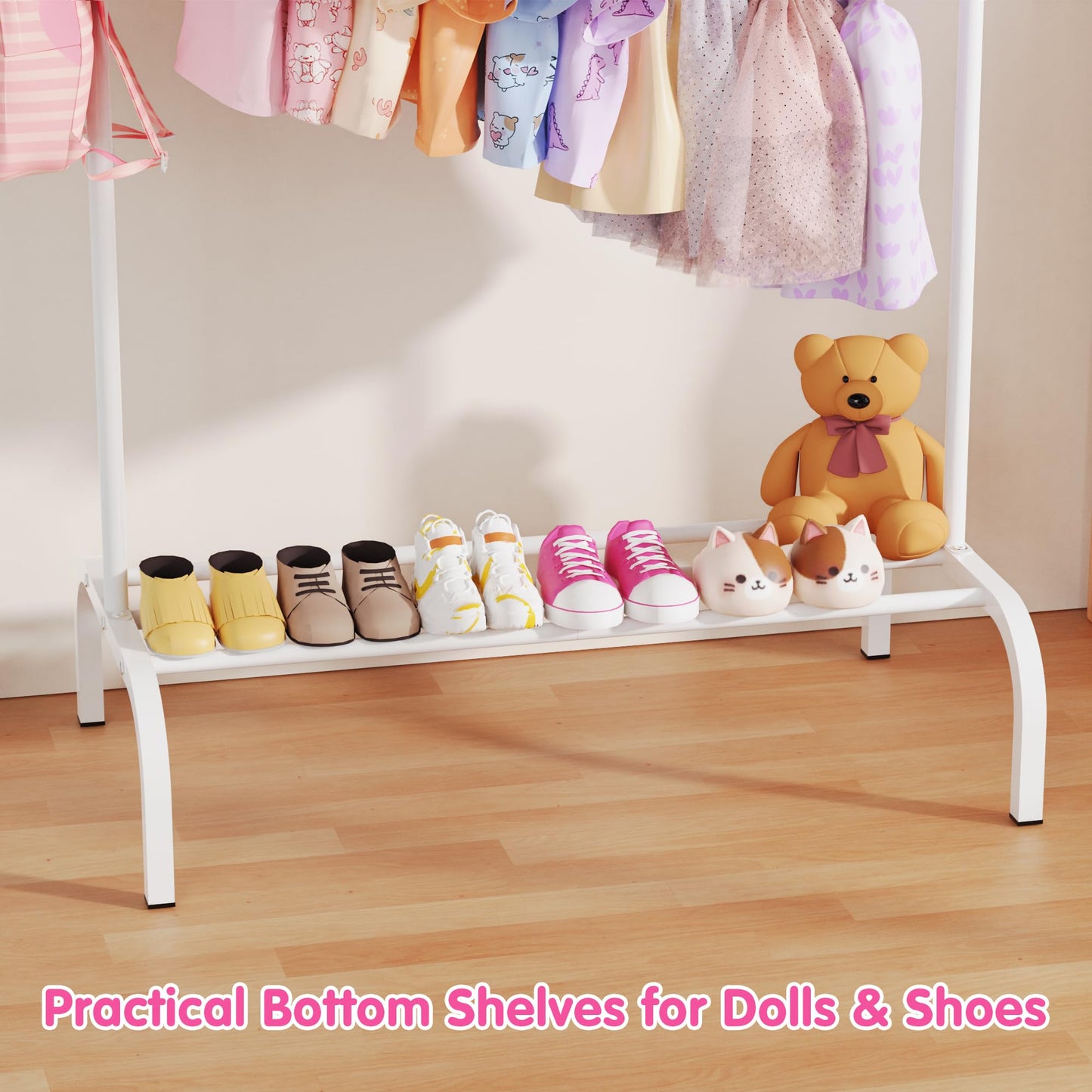 Upgraded Kids Clothing Rack - Dress Up Clothes Rack Baby Toddler Montessori Wardrobe- Small Portable Garment Racks with Storage Shelf and Hooks - for Costumes, Princess Dresses & Shoes, White