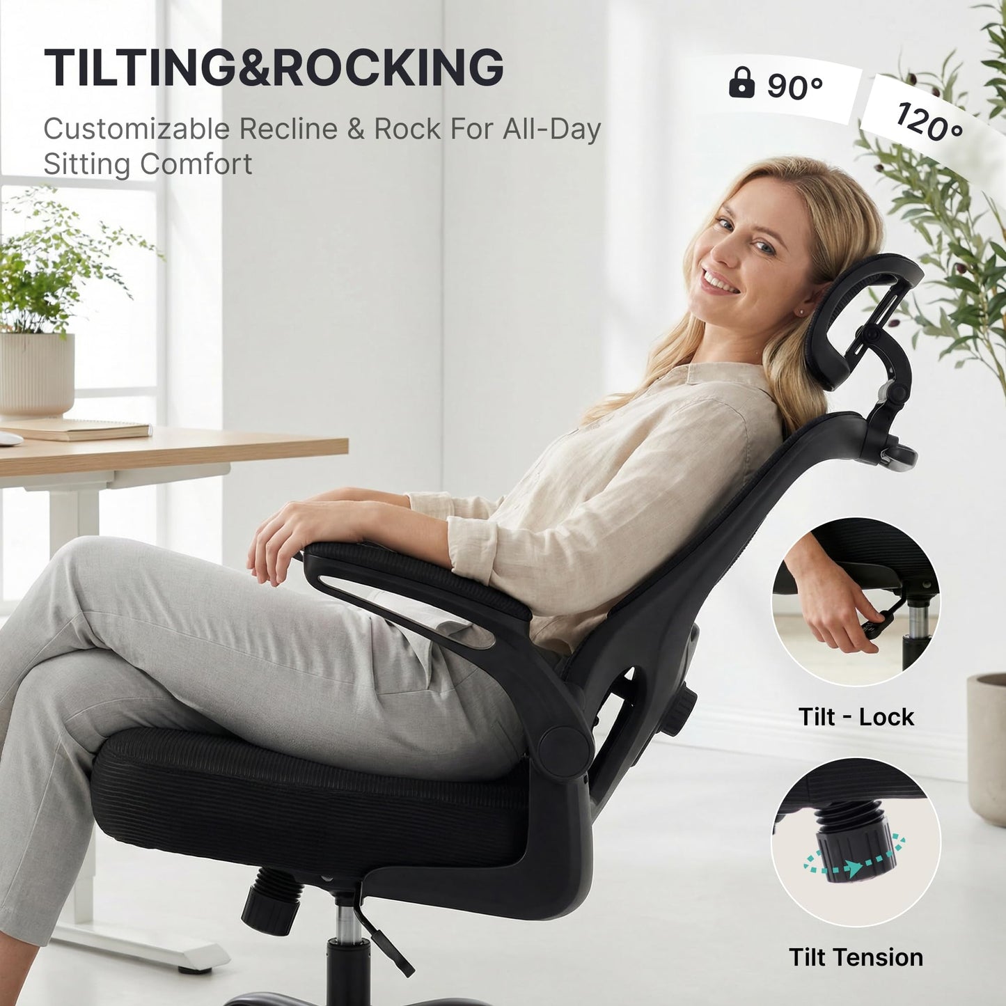 Yulincke 330Lbs Ergonomic Office Chair with 3D Headrest, Home Office Desk Chairs with Adjustable Lumbar Support,Flip-up Armrests, Thickened Cushion – Breathable Mesh Design for Long-time Sitting