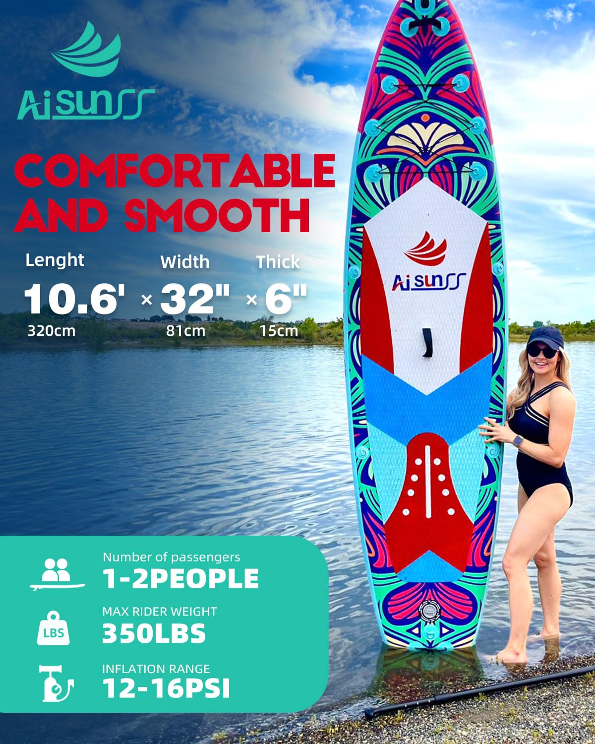 AISUNSS SUP Board 10.6Ft All Around Board Premium iSUP, Yoga Board with SUP Accessories Include Non-Slip mat, Waterproof Phone Bag, Double Action Pump, Adjustable Aluminum Paddle (Butterfly SUP)