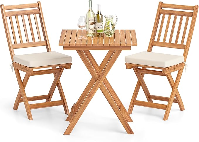 Tangkula Acacia Wood Patio Bistro Set of 3, Outdoor Folding Chair Table Set with Soft Seat Cushions, High Back Armless Cha...