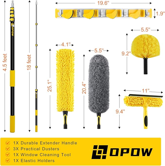 25 Foot High Ceiling Duster Kits with 5-18ft Heavy Duty Extension Pole, High Reach Duster for Cleaning,Microfiber Feather Duster,Cobweb Duster,Ceiling Fan Duster,Window Squeegee & Cleaner