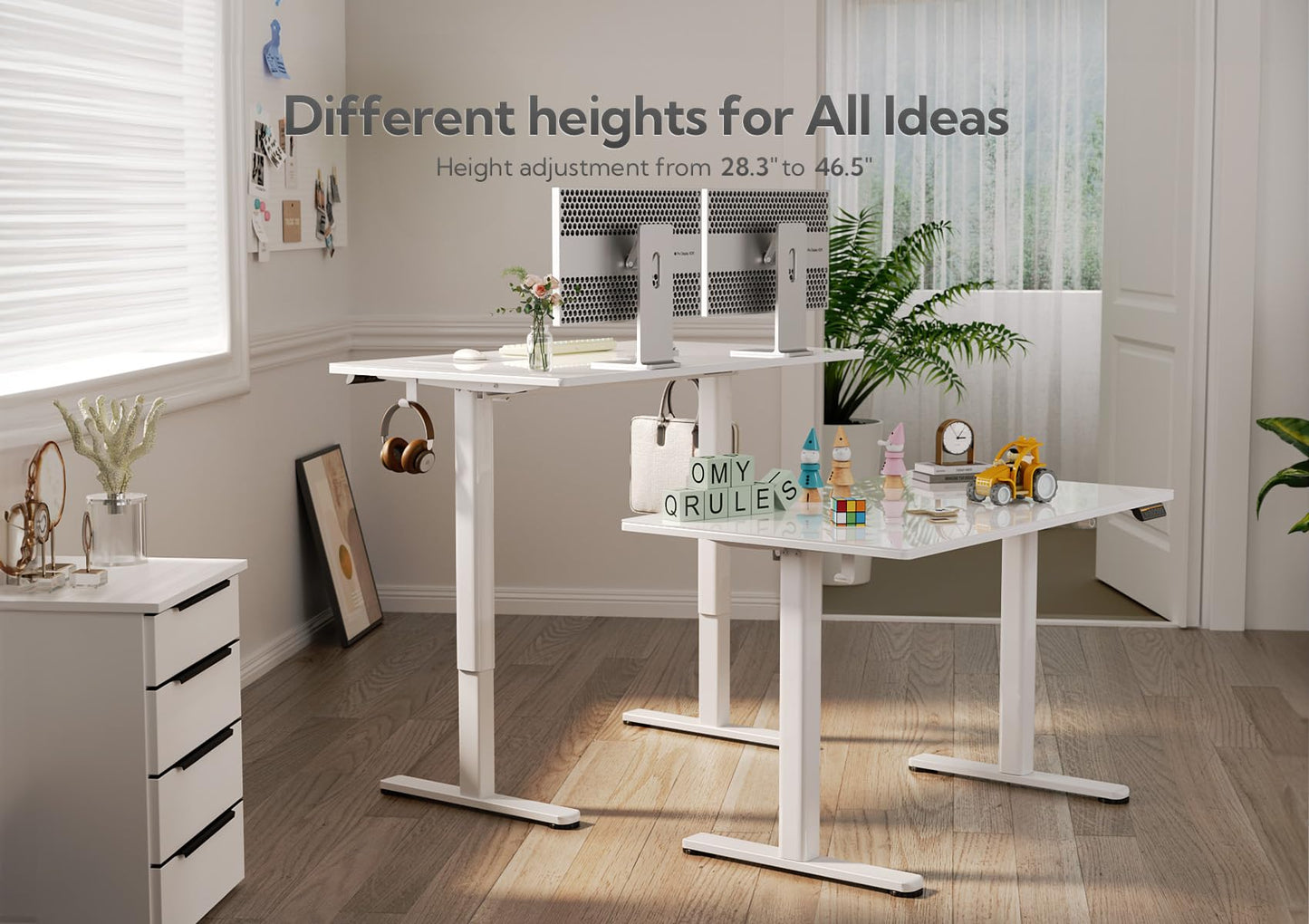 INNOVAR Glass Standing Desk, 48x24 Inch White Standing Desk Adjustable Height Electric Stand Up Quick Install for Computer Desks, Super White