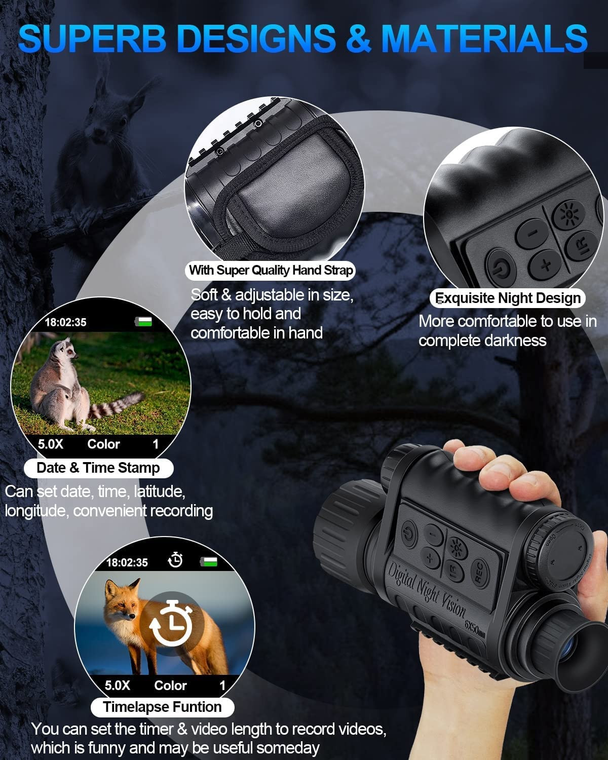 Bestguarder WiFi Night Vision Monocular Support Smartphone iOS/Android Night Watching HD in Full Darkness Clearly Infrared Camera Telescope 12MP Photo Video 5X Digital Zoom Night Vision Binocular