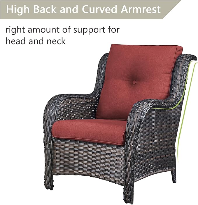 Rilyson Patio Furniture Chairs Outdoor Chair - 2 Piece Wicker Rattan Chairs Set with High Back and Deep Seating for Deck Porch Balcony Backyard Garden(Brown/Red)