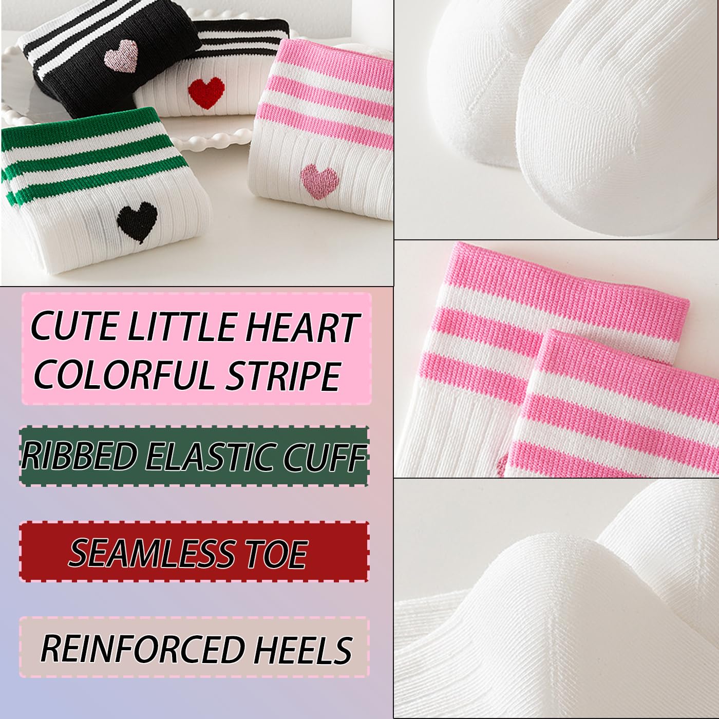 CHUNFO Cute Heart Red Ankle Womens Athletic Colorful Striped Socks Novelty Big Kid Crew Sock 4 & More Pairs