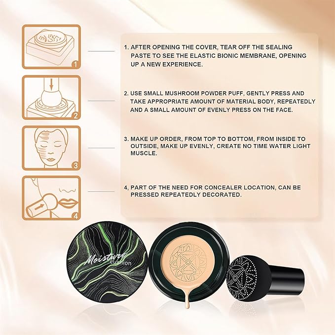 Mushroom Head Air Cushion CC Cream - BB Cream Face Makeup Foundation for Mature Skin Moisturizing Concealer Brighten Long-Lasting, Even Skin Tone for All Skin Types, Medium Deep