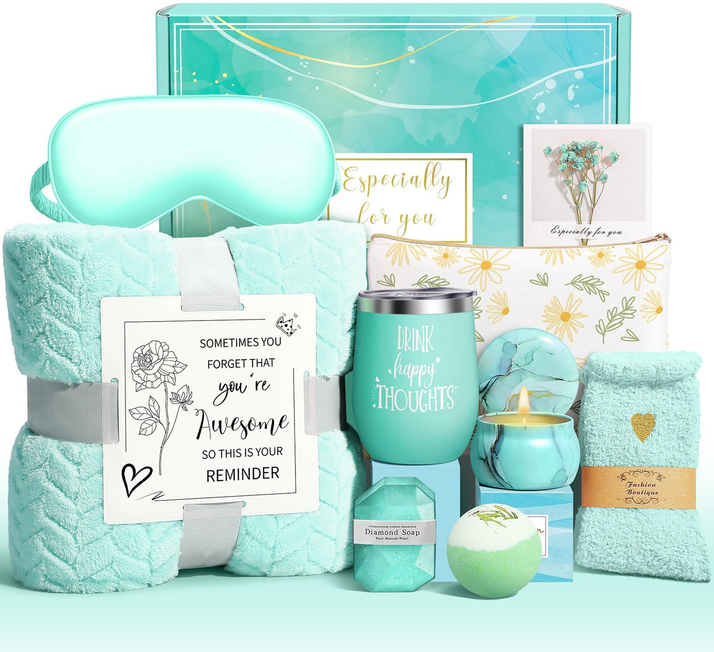 Happy Birthday Gifts for Women Self Care Gift, Relaxing Care Package Get Well Soon Spa Gift Basket with Luxury Blanket, Mothers Day, Brithday Gifts for Mom Her Friend Sister Wife