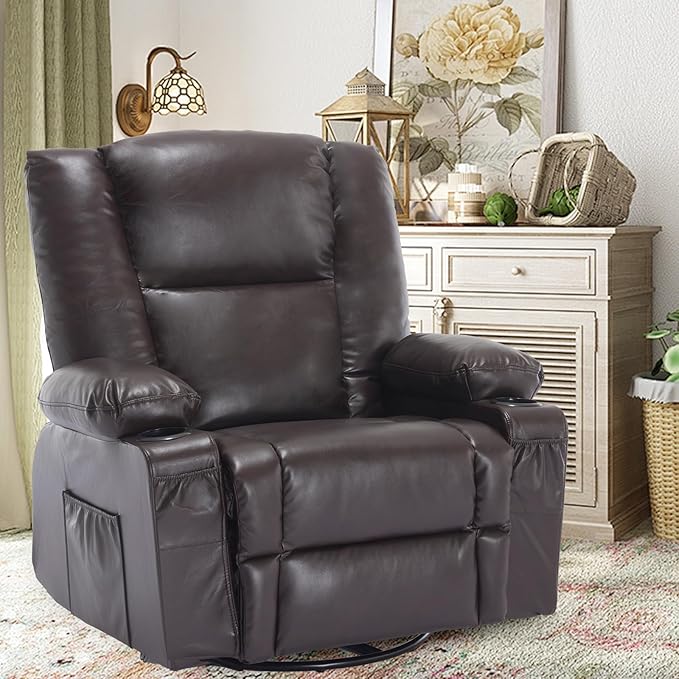 Massage Swivel Rocker Recliner with Heat, Brethable Leather Rocking Recliners Chair for Living Room, Modern Manual Recliner with Cup Holders, Overstuffed Single Sofa Chairs for Adults, Red Brown