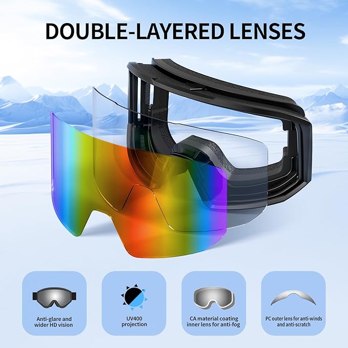 Ski Goggles for Men Women, OTG Snow Goggles, UV Protection Snowboard Goggles for Adult & Youth, Snowmobile, Sledding
