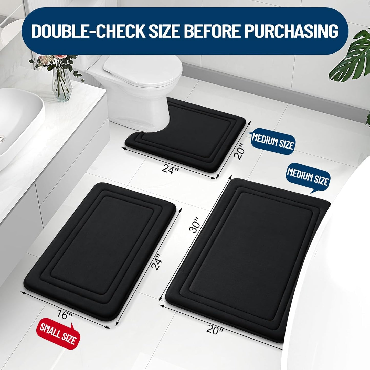 Grandaily Memory Foam Bath Mat Rug 59x24, Ultra Soft, Non-Slip and Absorbent Bathroom Rugs, Machine Wash Dry, Comfortable Bath Carpet for Bathroom Floor, Tub and Shower, Black