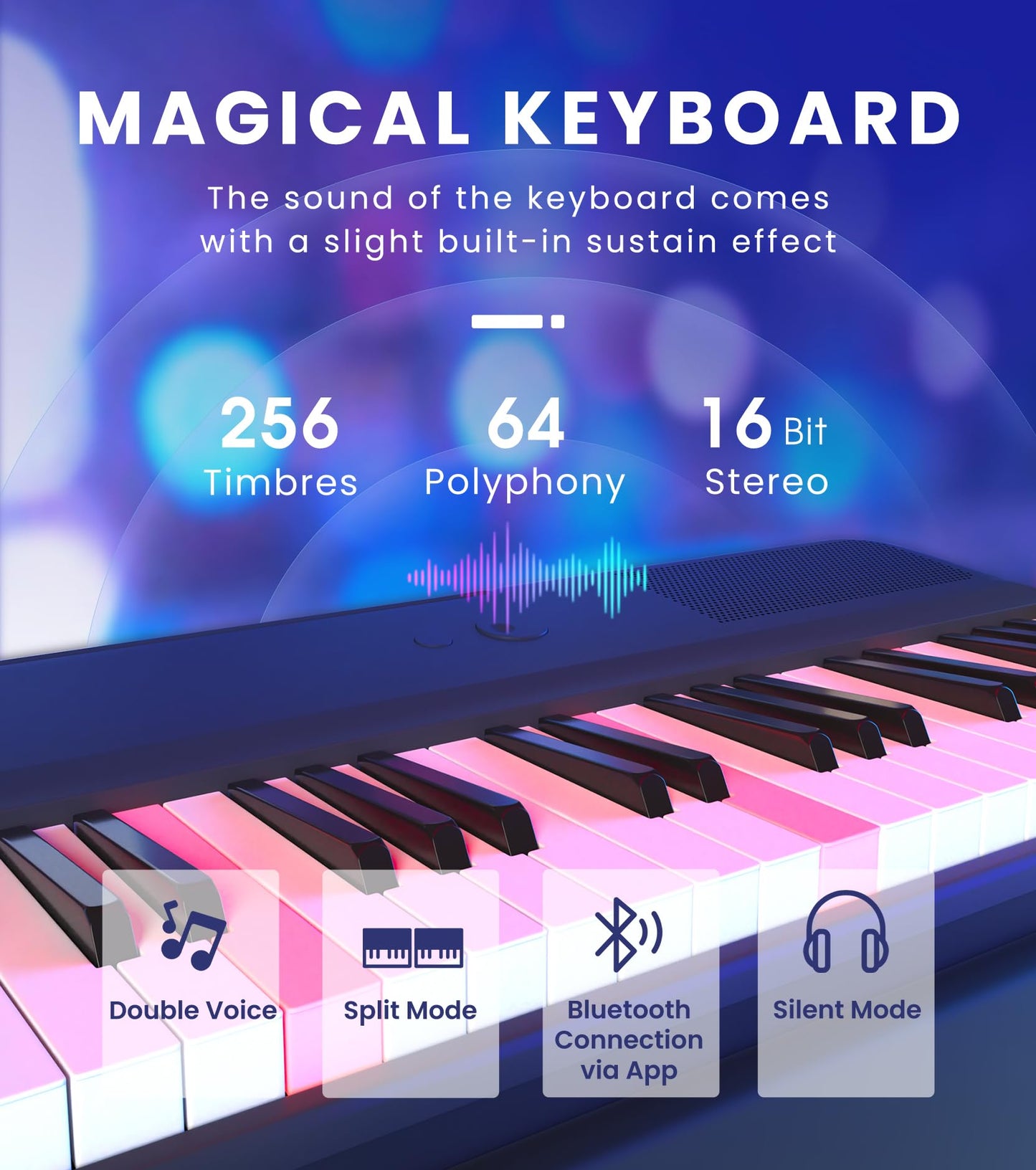 The ONE Smart Keyboard COLOR 61 Lighted Keys Piano Keyboard, Electric Piano for Beginners with 256 Tones, 64 Polyphony, Built-in LED Lights & Apps, Supports USB MIDI/Headphones (Purple)