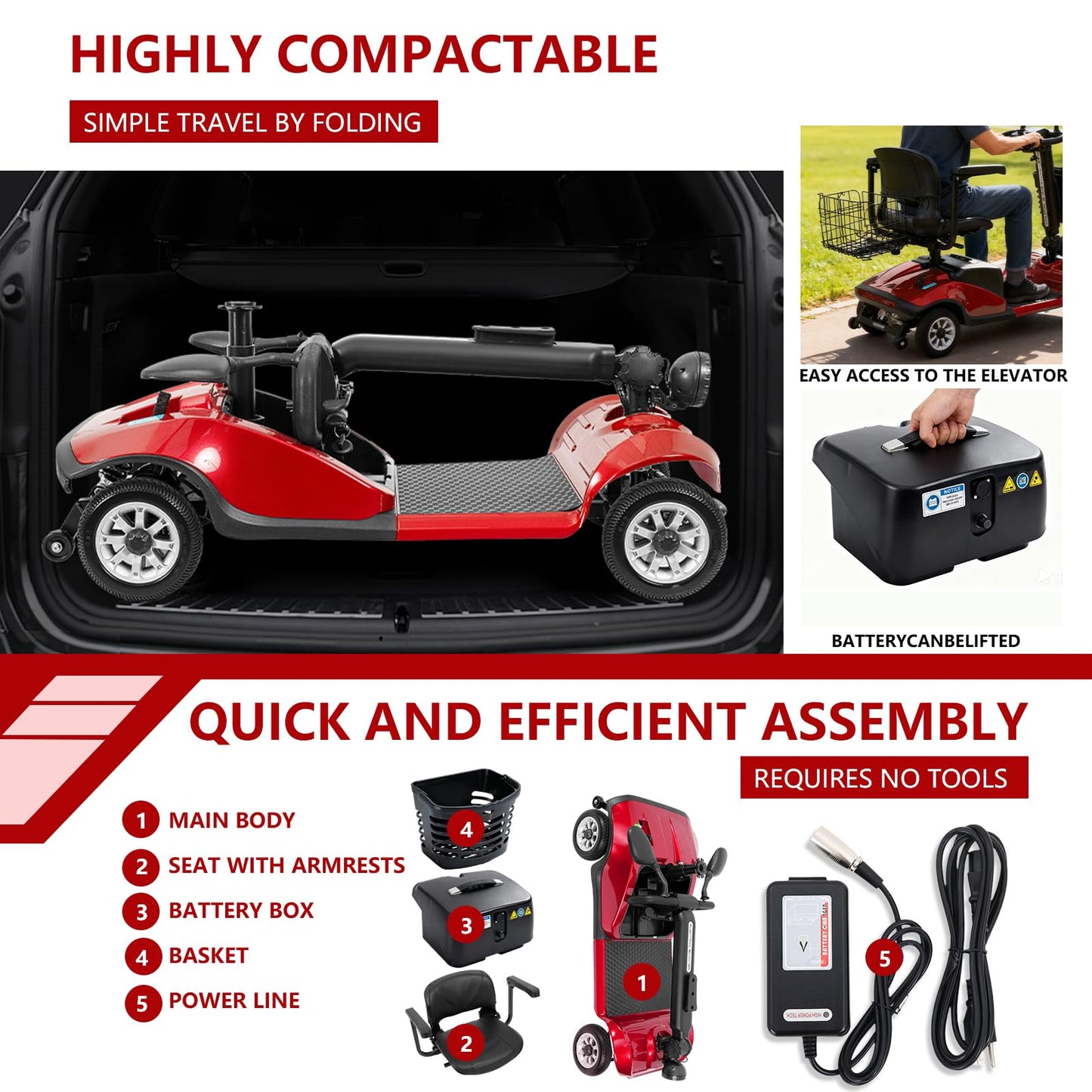 4 Wheel Compact Mobility Scooter for Seniors and Adults,Foldable Electric Scooter, Heavy Duty Travel Model with Lights, Basket, and Long-Lasting Battery208 red