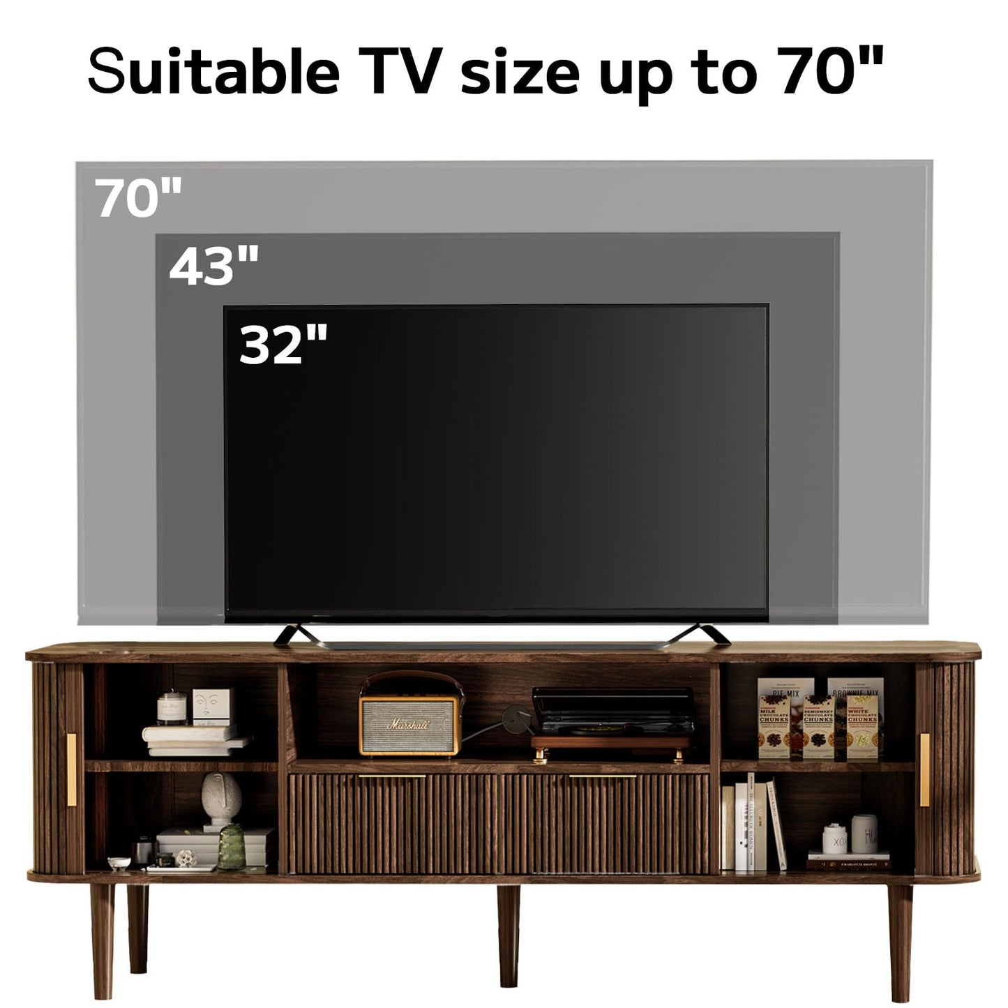 DAMCROP TV Stand 62.4 Inch Mid Century Modern Media Console Table with Drawer Shelves Sliding Tambour Door Farmhouse Sideboard Buffet Cabinet Fits TVs up to 75 inch Fluted Wood Entertainment Center