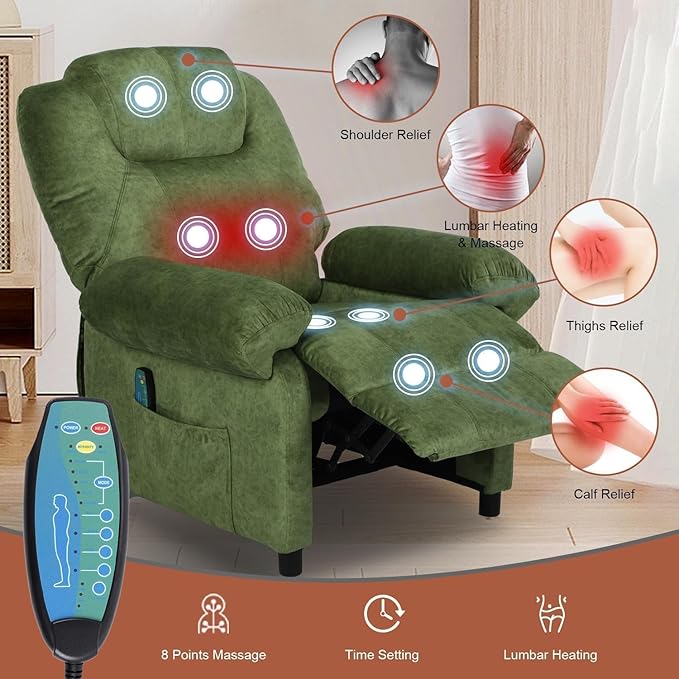 Pushback Massage Recliner Chair with Heat, Fabric Heated Massaging Reclining Chair Single Sofa for Adults, Mid Century Small Push Back Manual Recliner for Living Room,Green
