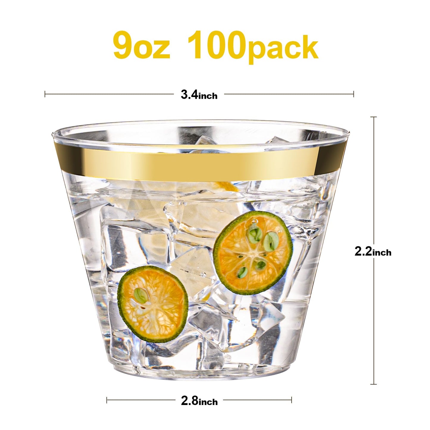 Bestluck 100 Pack 9 oz Gold Plastic Cups, Clear Disposable Cups with Gold Rim, Plastic Cocktail Glasses for Party & Graduation & Wedding