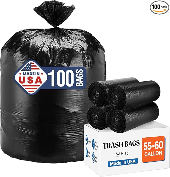 Delxo 55-60 Gallon Trash Bags, 100 Count – 0.9 Mil Medium Duty Garbage Bags, Durable & Puncture-Resistant Plastic Bolsas para basura, Perforated Design– Made in USA for Kitchen, Yard, Office (Black)
