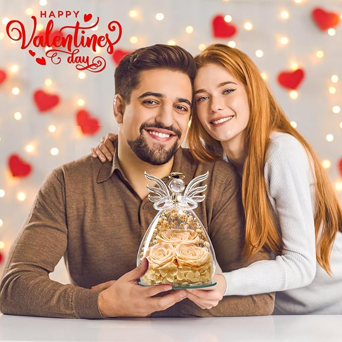 Beferr Valentines Day Rose Gifts for Her Women Mom Gifts for Birthday, Fresh Flowers for Delivery Forever Preserved Rose in Glass Angel Figurine, for Grandma Wife Daughter Girlfriend