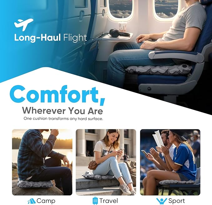 Sekey Pump Up Inflatable Seat Cushion, Portable & Lightweight Airplane Seat Cushion, for Long Flights Stadium Camping Office Travel