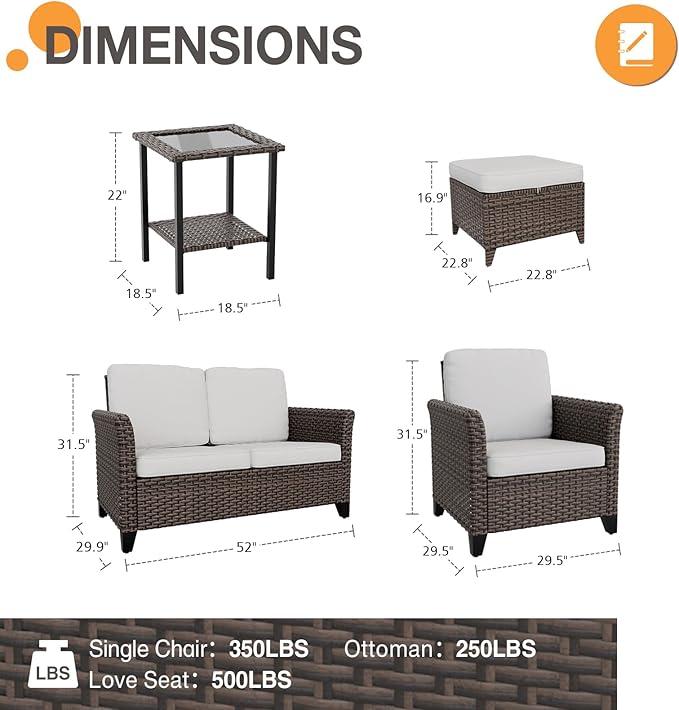 COOS BAY Harbor Retreat 6 Piece Outdoor Furniture Set, Patio Conversation Set with Patio Chairs, 2 Seat Loveseat, Side Table and Ottomans, Wicker Furniture, Brown/Beige