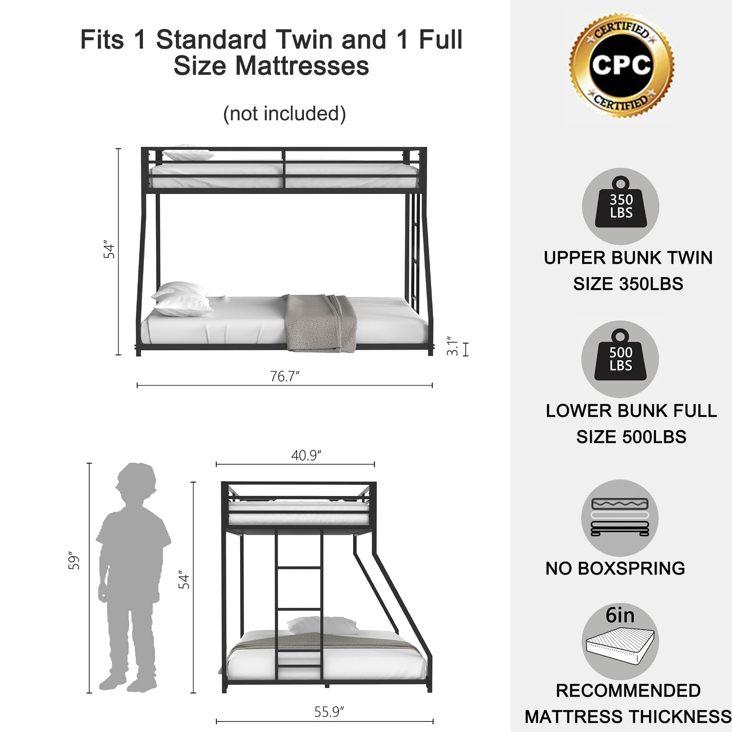 Bunk Bed Twin Over Full Size,54-inch High Metal Low Bunk Bed Frame with 11-inch High Guard Rails,Silent Footrest,Removable Mounted Bed Ladder,Perfect for Home and Dorms,Bunk Beds for Hostels,Black