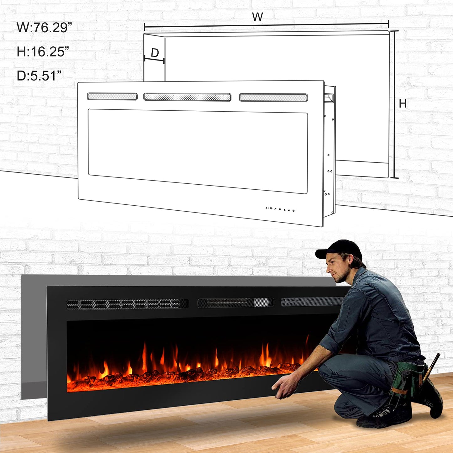 CharaVector 80 inch 750W/1500W Electric Fireplace Inserts with Remote Control in Wall Mounted, Energy Saving LED Insert Fireplace Heater Indoor Glass View with Remote Control & Touch Screen, Black
