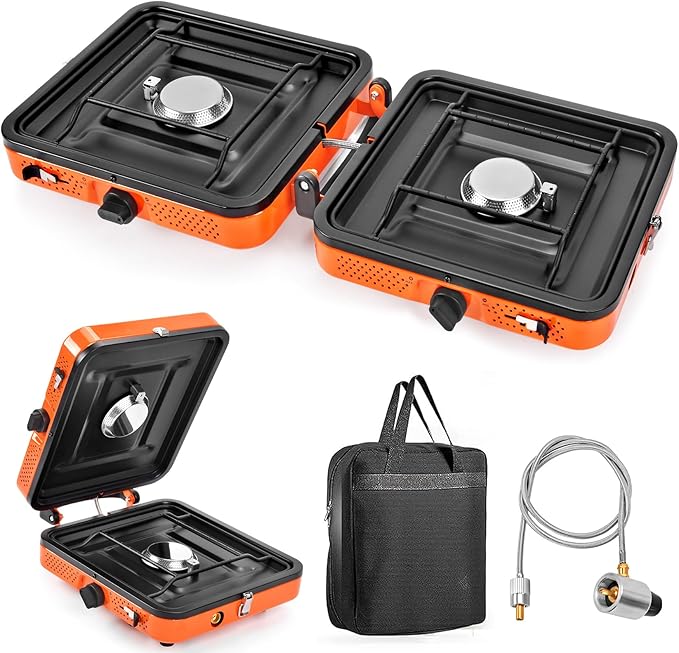 GGC Camping Stove 2 Burner, 20,000 BTU Foldable Camping Stove, Propane Portable Camp Stove with Adjustable Flame, Piezo Ig...