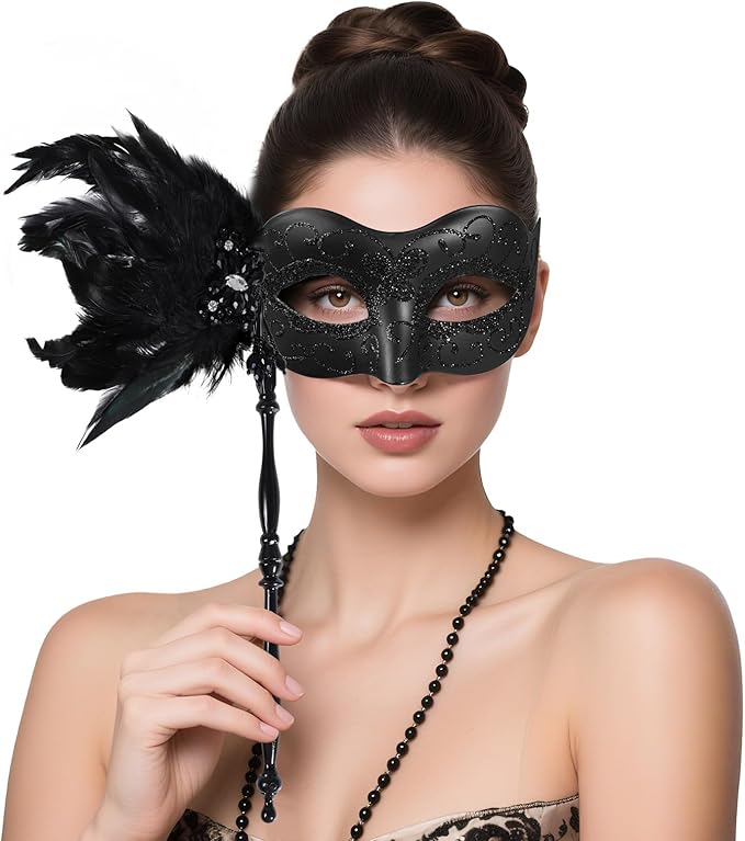BEARAE Masquerade Mask for Women with Stick, Feather Venetian Masks, Costume Mask for Mardi Gras Gatsby Party Decoration