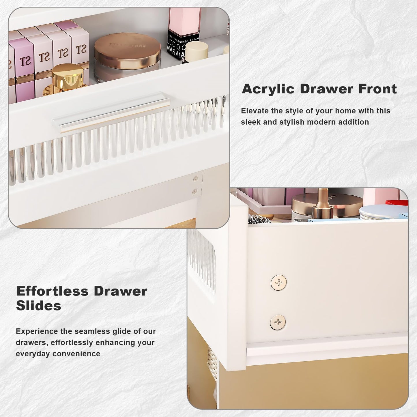 Hadulcet White Vanity Desk with Mirror and Lights, LED Vanity with Power Outlet, Makeup Vanity with 2 Drawers, 10 Storage Shelves and Acrylic Door Cabinet for Bedroom Dressing Room, 43”
