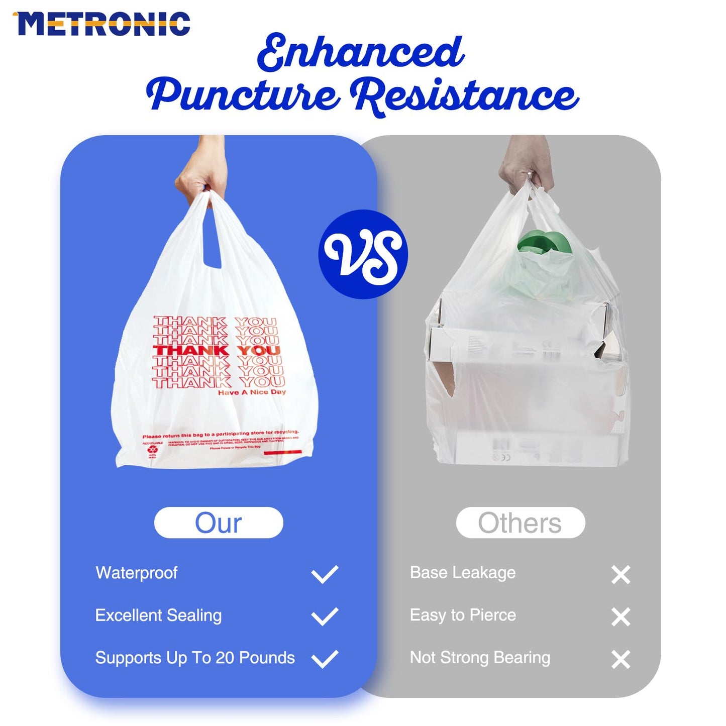 METRONIC 1000 Count White Thank You Bags with Handles, 11.5" x 6.5" x 21" Plastic Carry Bags for Retail, Supermarket, Grocery Shopping Bag for T-shirt Packaging, Takeout, Convenience Stores, in Bulk