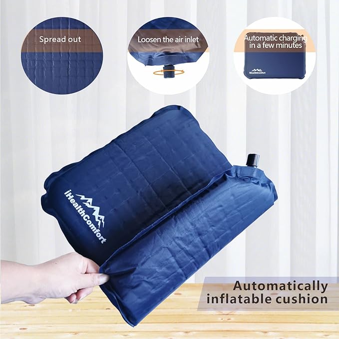 IHEALTHCOMFORT Self-Inflating Stadium Seat Cushion,Portable Travel Seat Cushion,Camping Mat Butt Pillow,Chair Pad for Home Kitchen Office,Bleacher,Car Bus Truck Train Airplane Seats(15.3×11.8×1.4in)