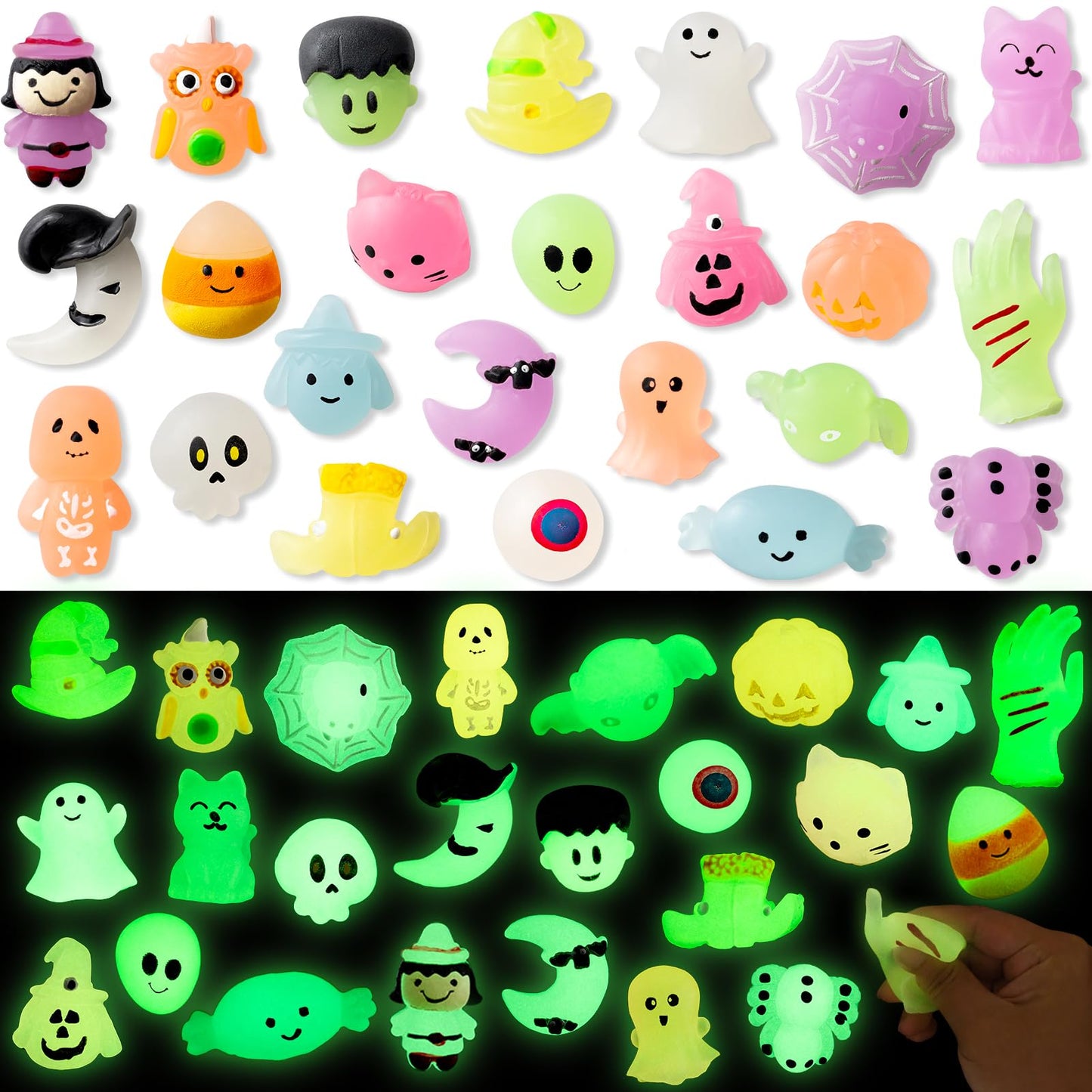 OOINQQ 24pcs Halloween Squishy Toys Glow in The Dark Mochi Squishy Stress Toys for Kids Teens Adults Halloween Party Favors Trick or Treat Goodie Bag Toys Classroom Prizes Gifts for Kids