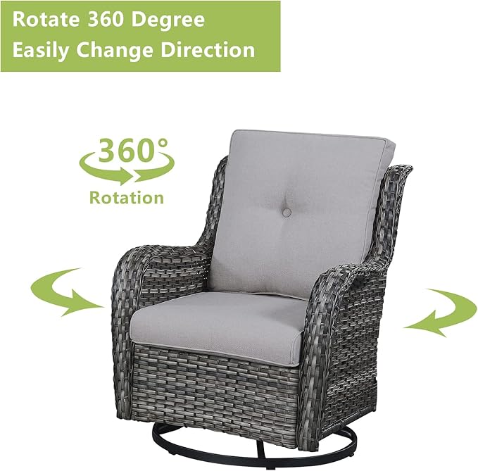 Rilyson Wicker Rocking Chair Swivel Chairs – 6 Piece Rocker Patio Furniture Set Rattan Rocking Bistro Sets with Glass Top Side Table for Outdoor Porch Deck Garden Backyard(Mixed Grey/Grey)