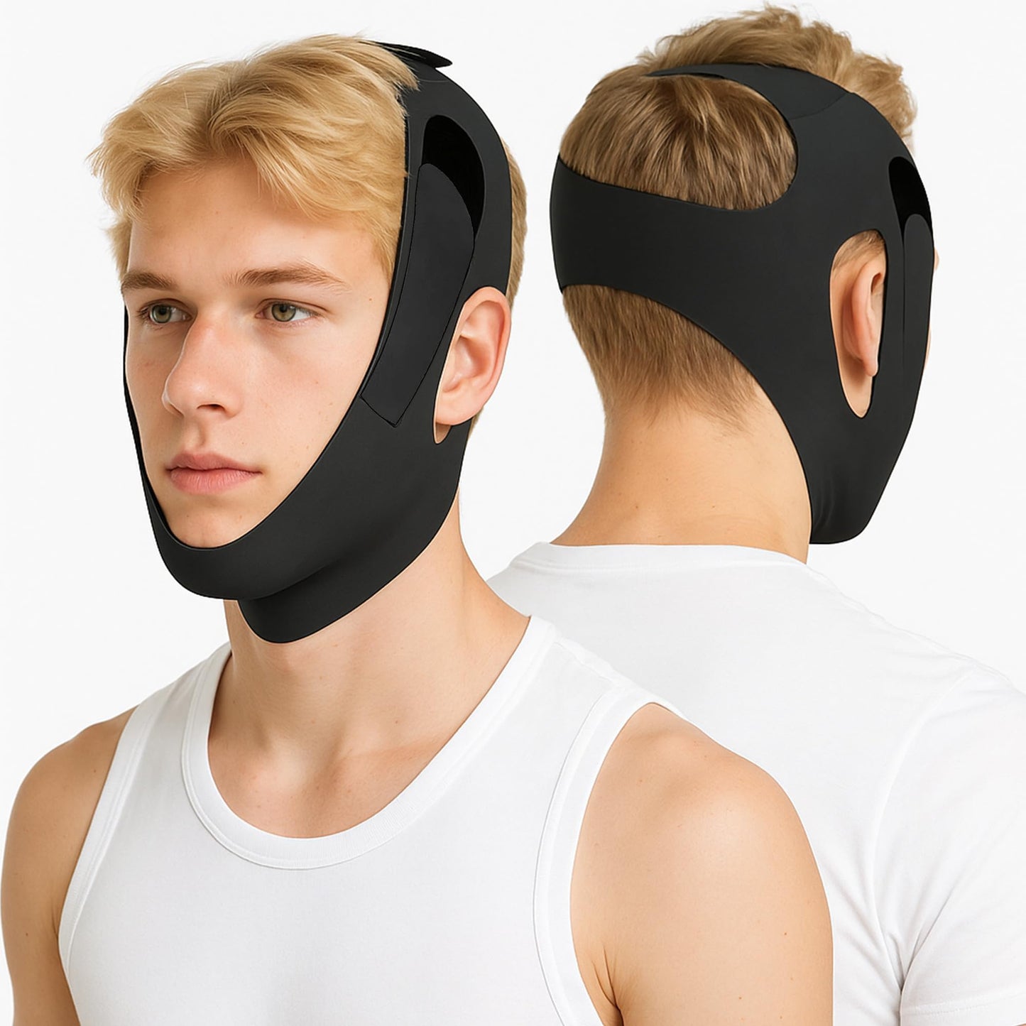 Holinee Chin Strap for Sleeping, Adjustable Chin Strap for Snoring, Anti Snoring Devices Breathable and Reusable, Comfortable Stop Snoring Solution, Anti Snore Chin Strap for Men and Women (Black)