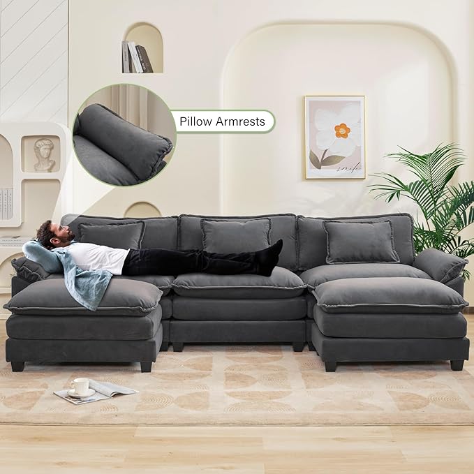 Oprisen 120" Modular Sectional Sofa, Comfy Cloud Couch Sectional Sofa with Ottoman, Chenille Sofa Sleeper Deep Seat Sofa with Throw Pillows for Living Room (Blue Gray, 120"- U Shape)