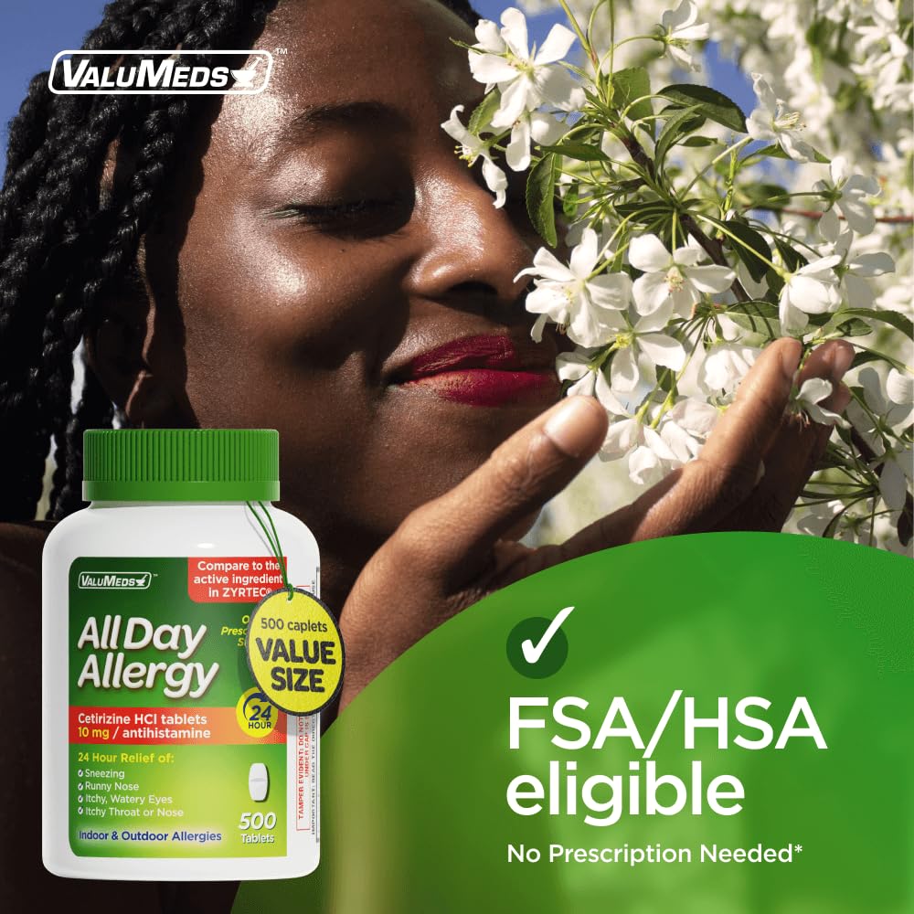 ValuMeds 24-Hour Allergy Medicine Antihistamine for Pollen, Hay Fever, Dry, Itchy Eyes, Allergies | Cetirizine HCl 10mg Caplets, Compare to Leading Brand (500 Count)