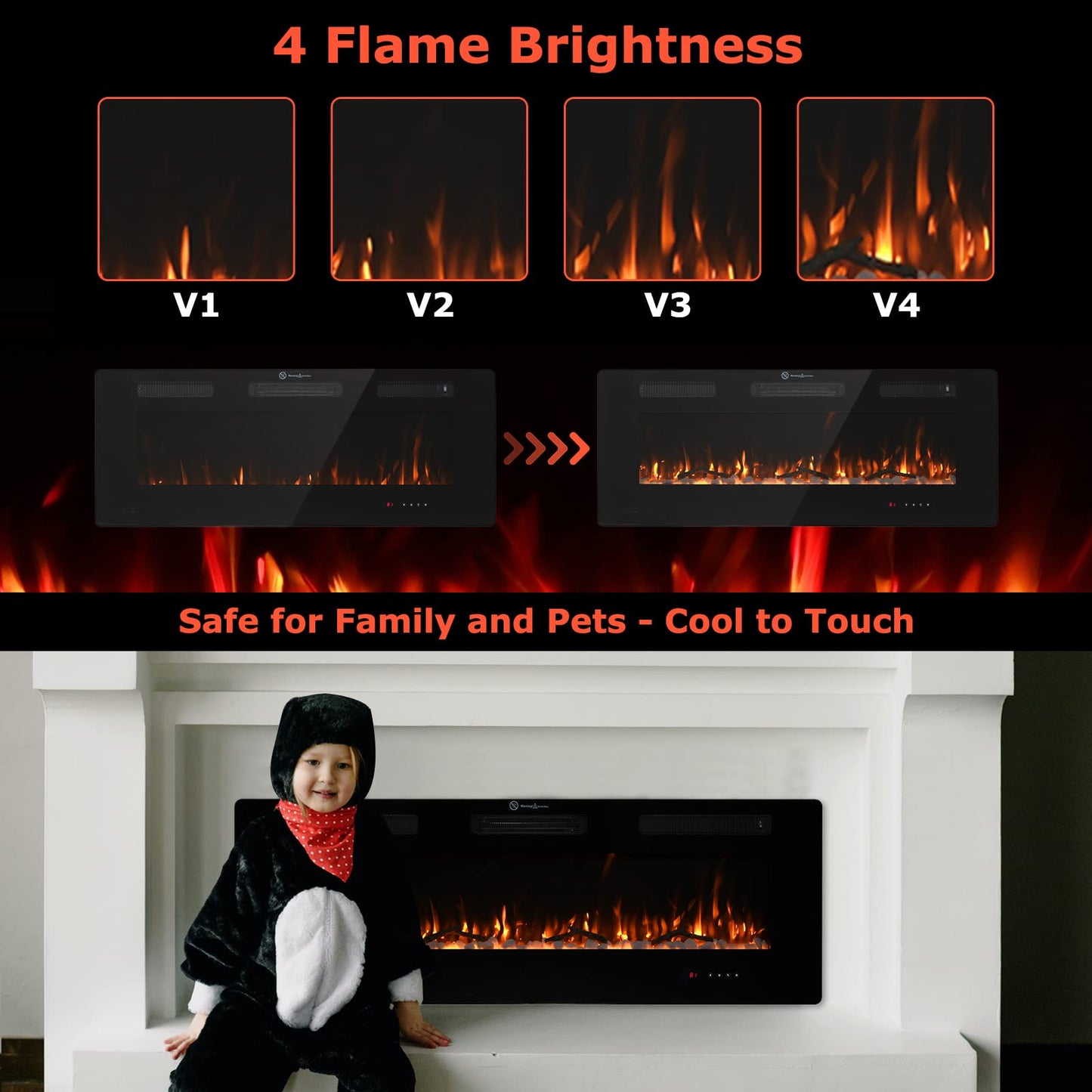 FODINGHILL 60" Insert Wall Mounted Electric Fireplace, Low-Noise Fireplace Heater Mantel Features a Touch Screen, Remote Control with Timer, Adjustable Flame Color, 700W / 1400W