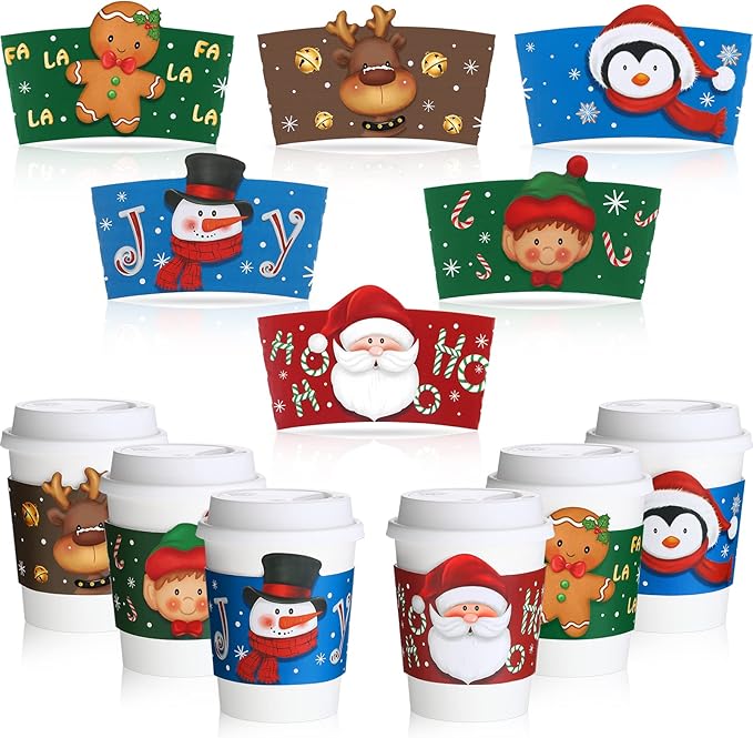 Faccito 120 Pieces Christmas Coffee Cup Sleeves Bulk for 12 oz, 16 oz Christmas Disposable Corrugated Paper Cup Sleeves wi...