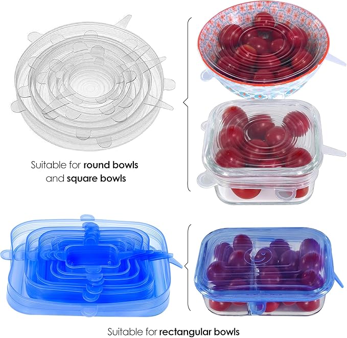 [12pack] Longzon Silicone Stretch Lids 6 Clear Round 6 Blue Rectangle, Magic Lids Reusable Food Covers for Bowls, Cups, Cans, Fit Different Sizes & Shapes of Container, Dishwasher & Freezer Safe