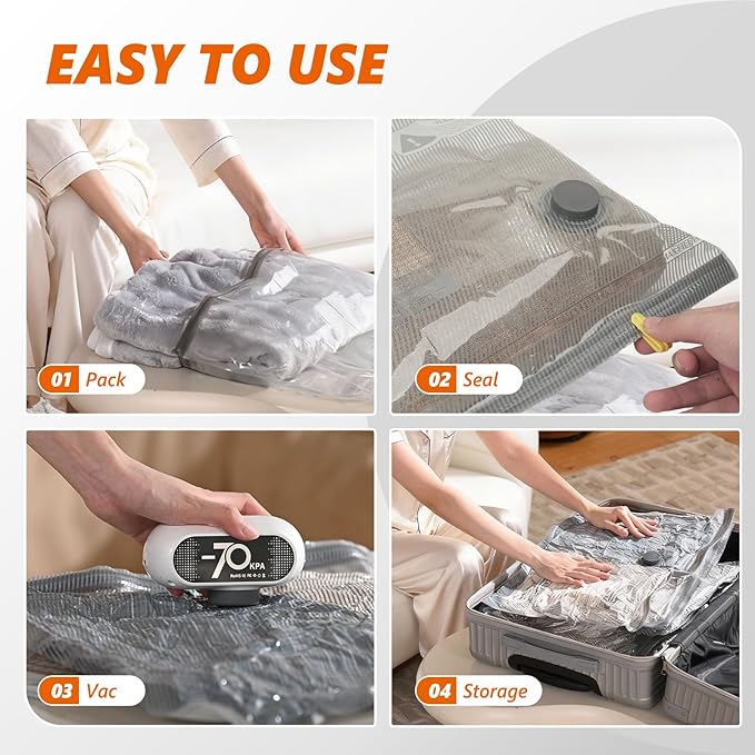 Travel Vacuum Bags with Wireless Pump, 15 Pack Vacuum Storage Bags with Powerful -70KPa Suction, for Maximum Compression in Luggage, Suitcase, Travel and Home Use for Clothes and Blankets, White
