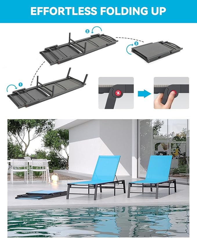 FHVIT Aluminum Chaise Lounge Chair Outdoor, Foldable Patio Lounge Chair Assemble-Free, Pool Lounge Chairs with 5 Adjustable Backrest, Outdoor Lounge Chairs for Outside Poolside Beach Lawn Blue