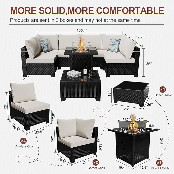 Ophelian 8 Pcs Patio Furniture Set with Fire Pit Table Wicker Outdoor Sectional Sofa, Conversation Set Perfect for Backyard, Garden, Deck (Deep Brown/Beige)