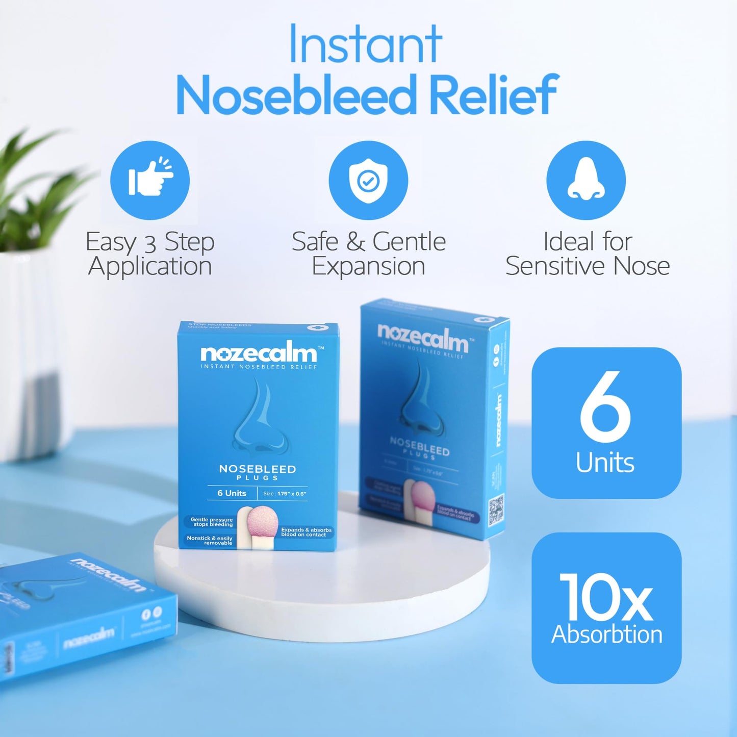 NozeCalm Nose Bleed Stopper - Nasal Plugs for Kids, Adults & Seniors, Instant-Acting Non-Stick Plugs - Disposable Zero-Chemical Bloody Nose Solution for Emergency Supplies & Travel - 6 Counts