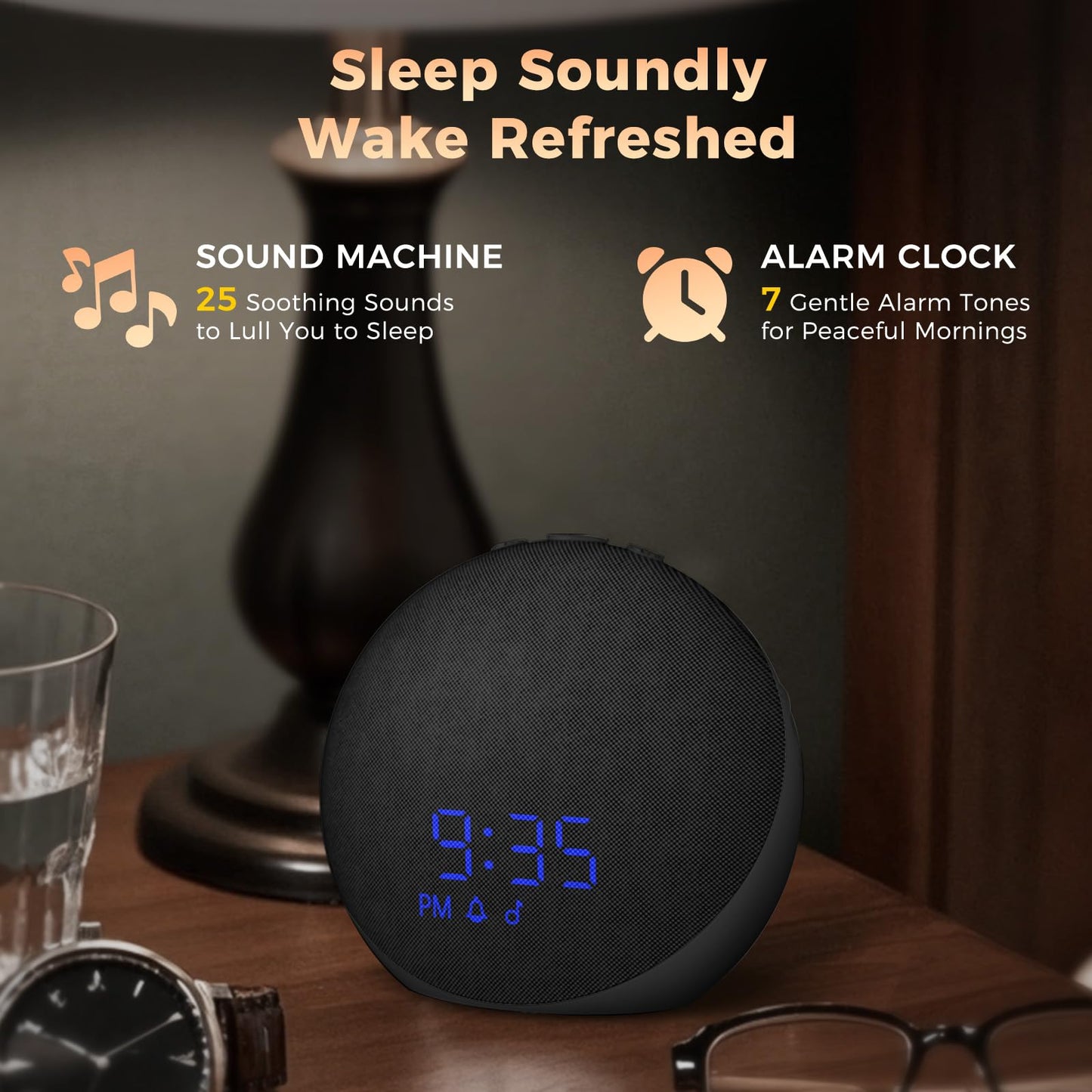 Sound Machine Alarm Clock for Bedroom: 25 Natural Sleep Sounds - White Noise Machine for Adults Kids Baby - Gentle Wake Up Alarm with Bluetooth Speaker - Black