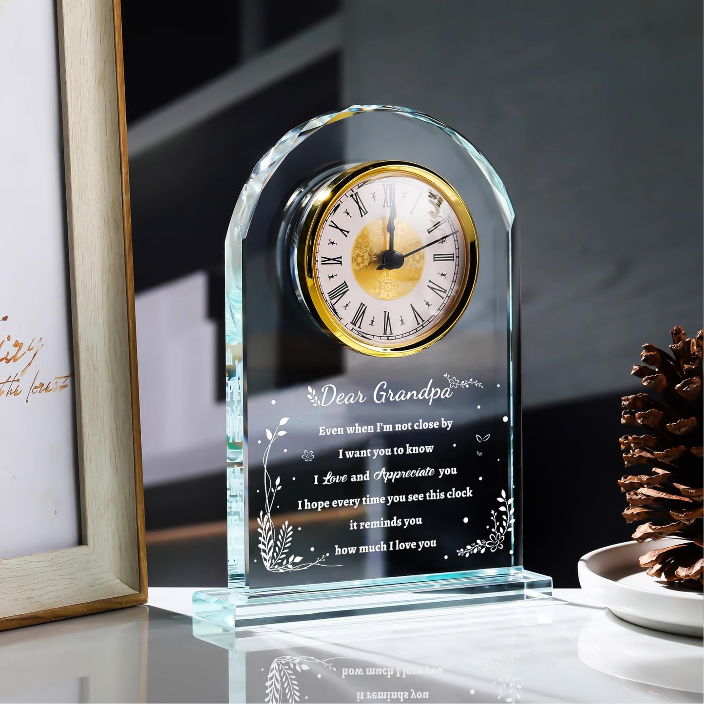 YWHL Glass Colck Gifts for Grandpa, Best Father's Day Grandpa Gifts, Great Grandfather Birthday Gifts, Glass Clock Keepsake for Grandpa on Christmas (Battery not Included)